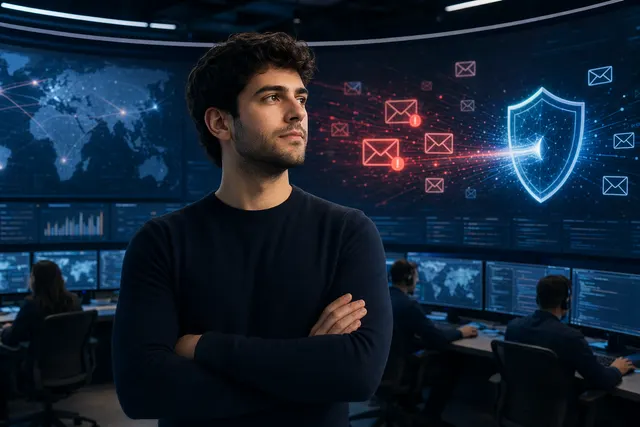 Concept illustration of AI agents analyzing phishing emails for cybersecurity protection