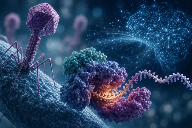 AI-generated editorial illustration representing the reported discovery of a bacteriophage enzyme system with repeated DNA