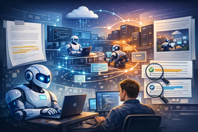AI-generated concept art representing autonomous AI agents working within a CI/CD pipeline workflow.