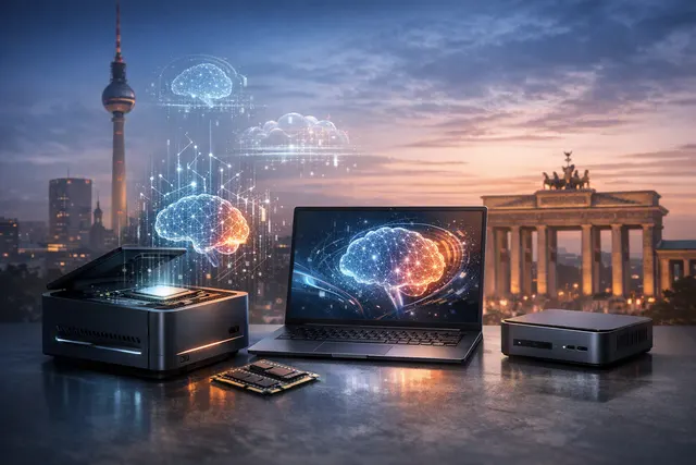 Conceptual illustration of compact AMD Ryzen AI Max+ mini PCs and laptops running local AI workloads