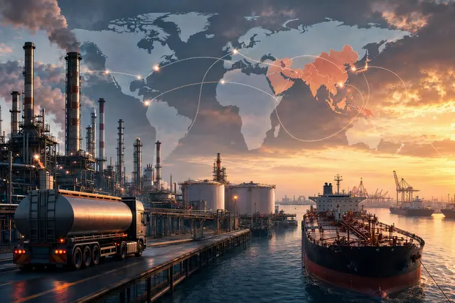 Editorial illustration of a global diesel and refined-fuel supply squeeze