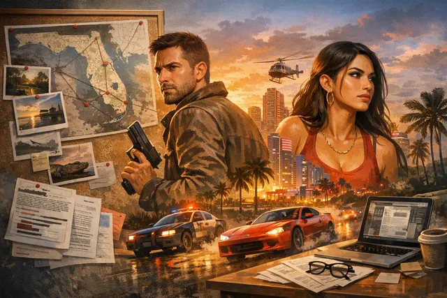 AI-generated illustration representing Grand Theft Auto VI’s reactive Vice City-inspired open world and dual protagonists