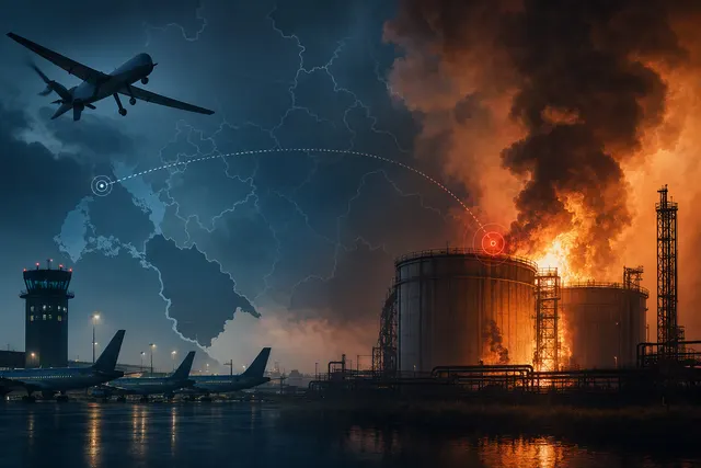 Illustrative image representing drone-related disruption to an oil terminal and airport operations
