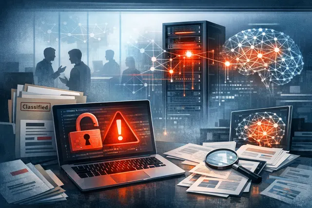 Meta's corporate logo displayed on a dark background with abstract digital data streams and warning symbols representing the data leak that exposed employee tracking data