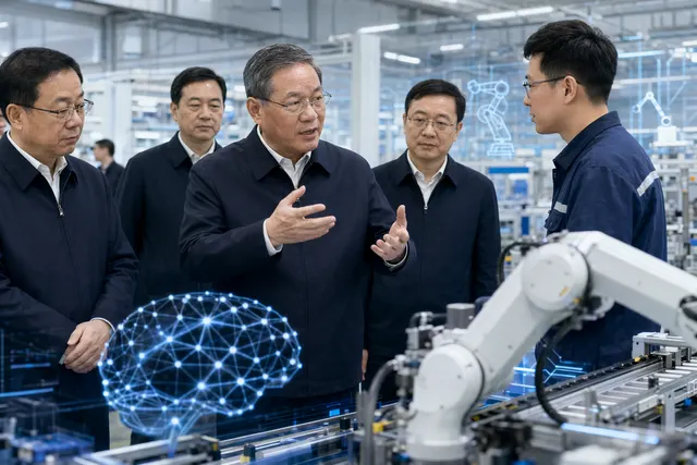 AI-powered manufacturing and humanoid robots in a modern Chinese factory
