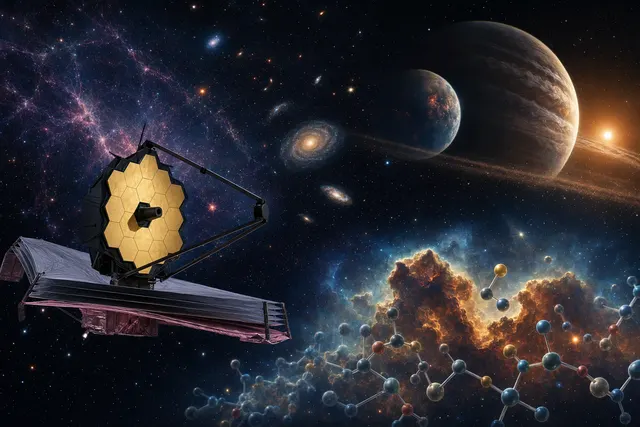 Illustrative space scene for an article about Webb observations of galaxies, exoplanets and cosmic chemistry