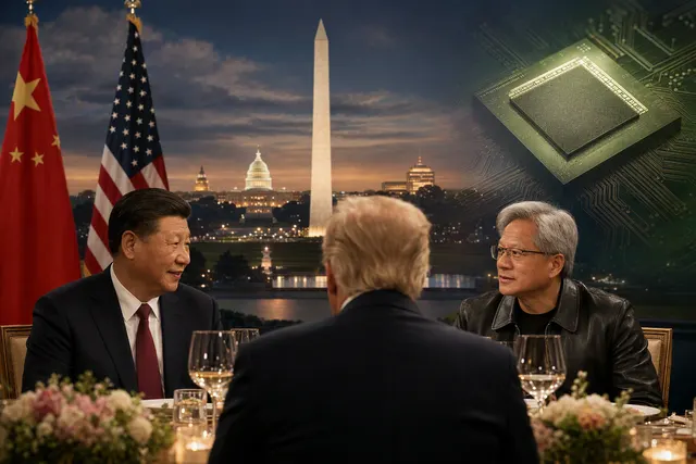 Editorial illustration of Nvidia CEO Jensen Huang in the context of a Trump-Xi state dinner and U.S.-China AI diplomacy