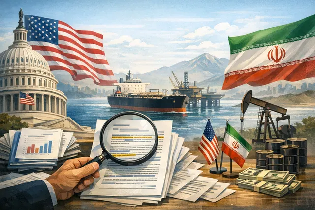 A visual metaphor showing oil tankers, a globe, and financial charts representing the June 2026 U.S.-Iran interim oil deal, sanctions relief, and the role of the IRGC.