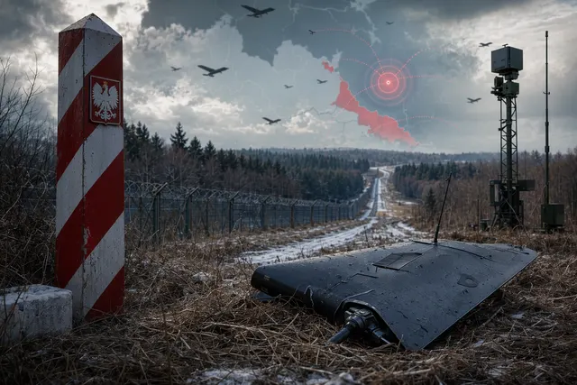 AI-generated illustration of a surveillance drone over a border area in northeastern Poland near Kaliningrad