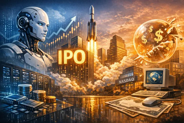 A stylized 3D illustration of a rocket-shaped stock graph plummeting through a digital grid, symbolizing a tech IPO crash.