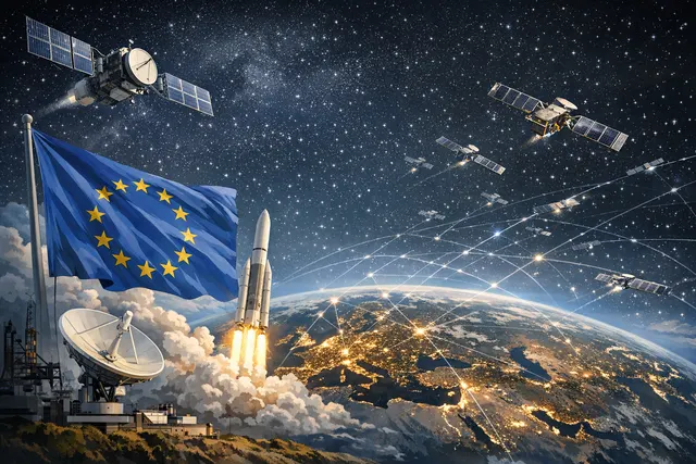 European satellite sovereignty strategy illustrated as a celestial map with EU stars and a prominent satellite intersecting a data stream