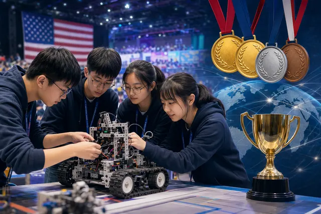Students competing with autonomous robots at an international robotics championship