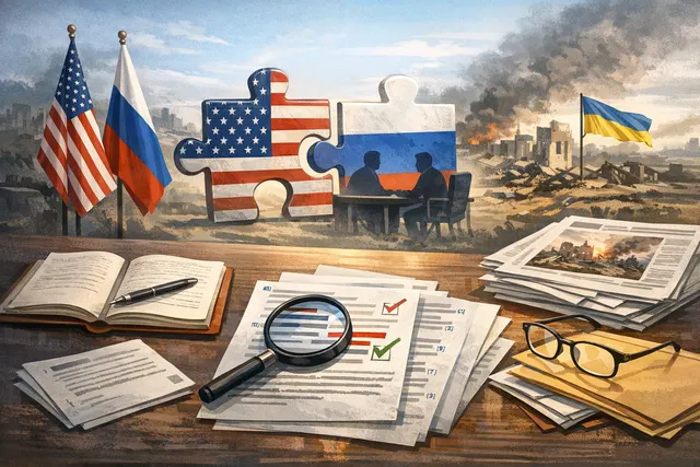 Abstract representation of diplomatic negotiations: two silhouetted figures facing each other over a stylized map of Ukraine, symbolizing stalled peace talks.