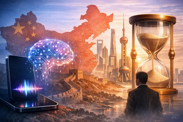 Digital illustration representing Apple Intelligence and Siri AI with a map of China, a lock icon, and a timeline spanning US and China launch events.