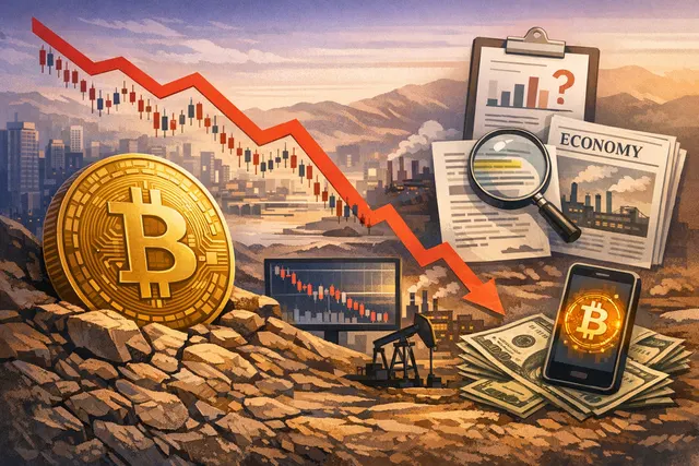 Bitcoin price chart declining near $62,000 with factors like Fed, ETF outflows, and tech rout illustrated