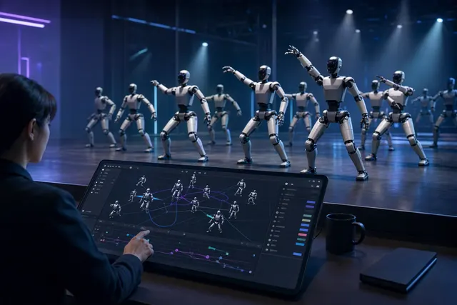AI-generated illustration of humanoid robots arranged for a coordinated group performance