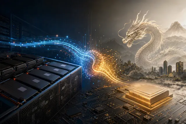 Editorial illustration representing Huawei Ascend chips, AI software and DeepSeek models working together