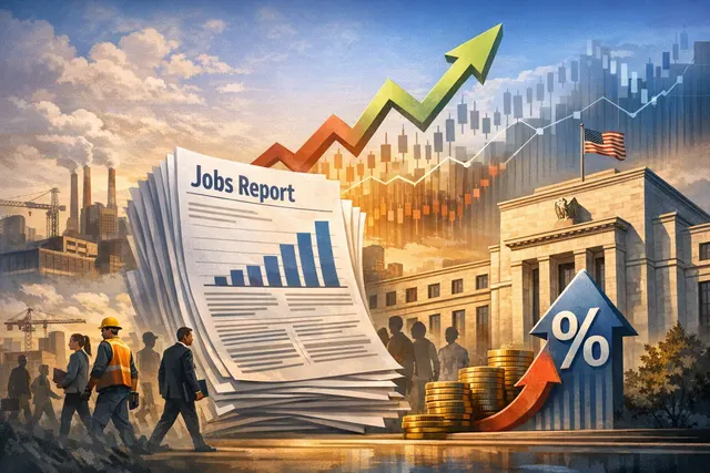 Digital chart showing a sharp drop in a stock index with a calendar and a Federal Reserve building in the background, visualizing the market impact of the May 2026 jobs report.