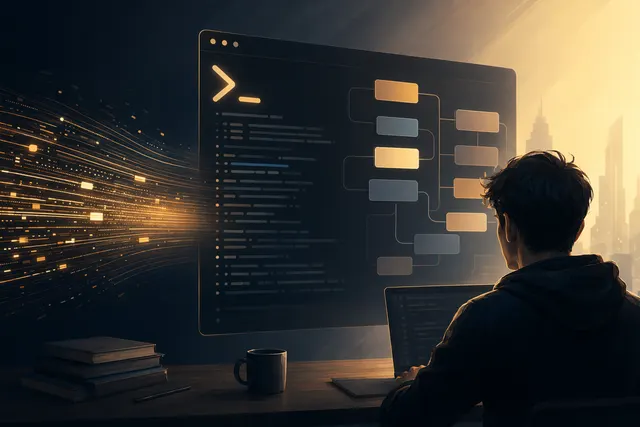 Concept illustration of an AI coding agent operating across a developer’s codebase and terminal