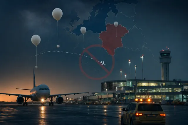 Editorial illustration of Vilnius Airport airspace disruption linked to suspected balloons from Belarus