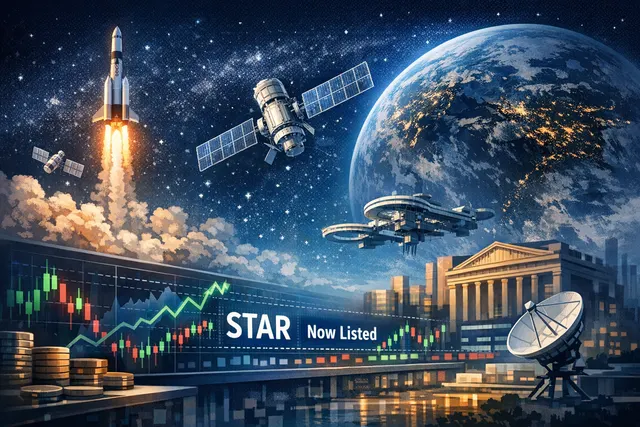 Illustration of the iShares Space Technologies UCITS ETF STAR ticker symbol against a stylized space and index trading backdrop, representing BlackRock's new space ETF and its fast
