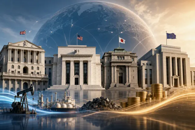 Editorial illustration of major central banks confronting rising inflation and energy prices