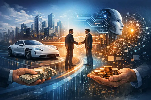 Illustration of Porsche and Tata Consultancy Services collaborating on AI-powered automotive technology