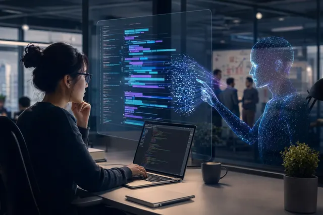 Abstract editorial illustration of Uber engineers using AI coding agents to review and ship software changes