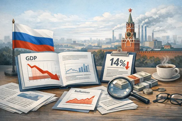 An AI-generated illustration depicting the Russian economy in 2026, with a central bank building in the background and gas station queues in the foreground.