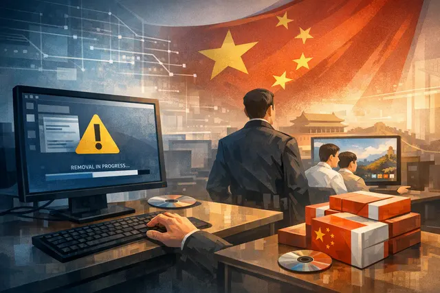 Editorial illustration of China replacing a government version of Windows 10 with domestic Linux systems