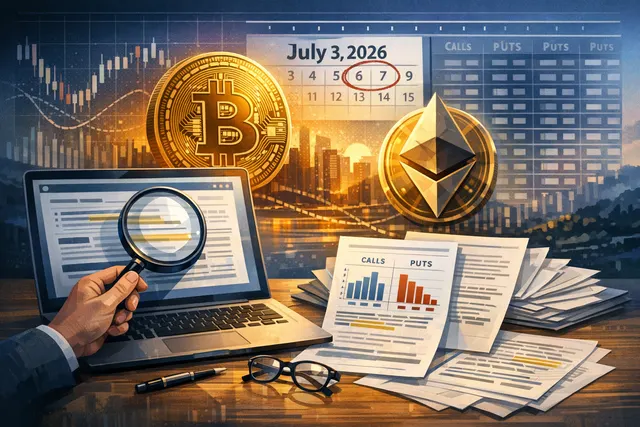 Bitcoin and Ethereum options expiry analysis for June 26 and July 3, 2026, showing contract volumes, max pain prices, and market significance on Deribit.