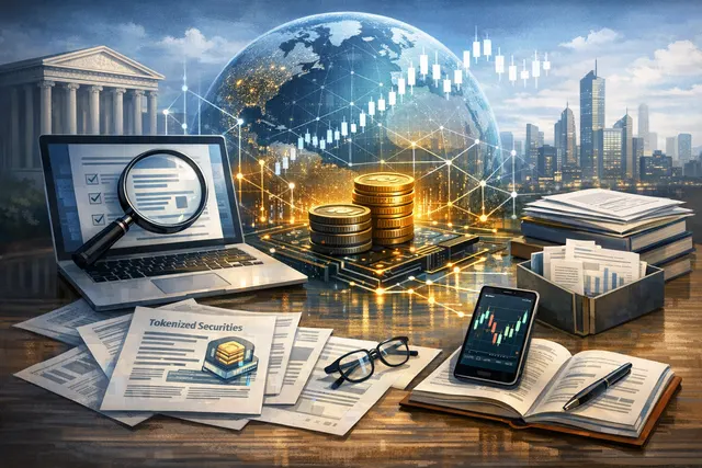 Abstract visualization of tokenized securities bridging traditional stock exchanges and blockchain networks