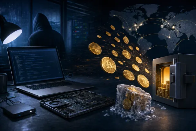 Editorial illustration of a cryptocurrency exchange security breach, with a laptop and digital assets moving across blockchain networks