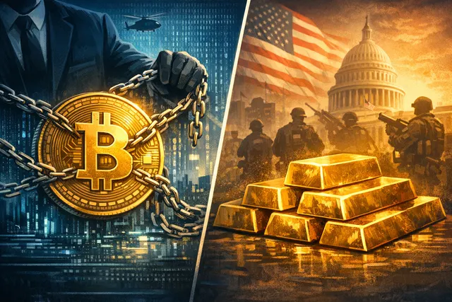 Frank Giustra's argument that Bitcoin fails as digital gold compared to physical gold, illustrated by a broken digital Bitcoin coin beside a solid gold bar, symbolizing cryptocurre