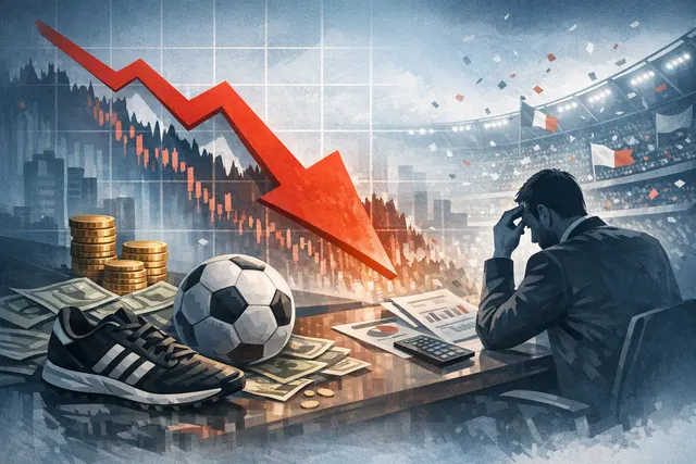 Adidas storefront and stock chart overlay illustrating the record revenue and share price plunge driven by World Cup marketing costs