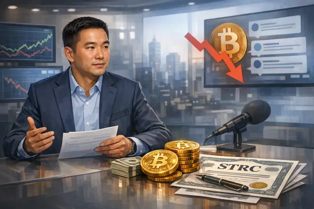 Bitcoin and stock market imagery representing Strategy CEO Phong Le's recent moves