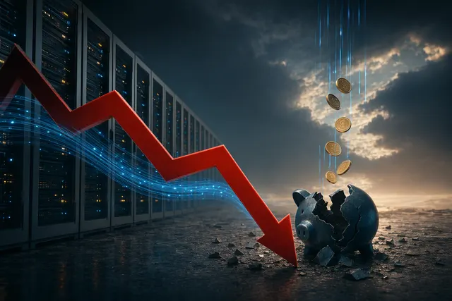 Illustration of AI infrastructure, data-center servers and falling token-price charts