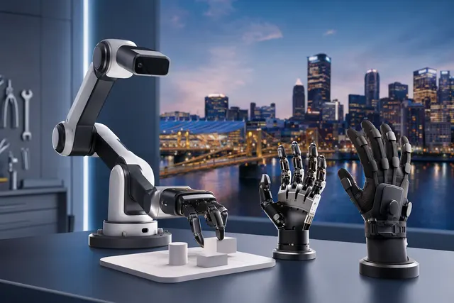 AI-generated illustration of a robot hand reaching toward an object, representing tactile robotic manipulation.
