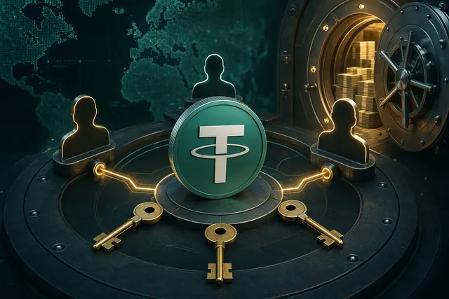Editorial illustration of the security risks around a multisignature USDT smart-contract administration system