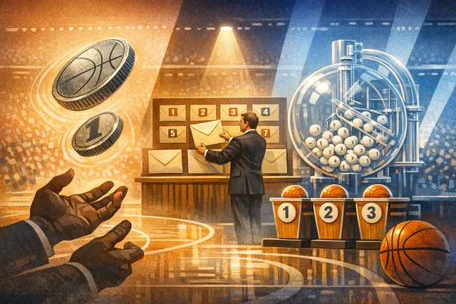 Illustration of the NBA draft lottery evolution from a coin flip to a complex ping-pong ball machine, with the new 3-2-1 system emphasizing flattened odds.