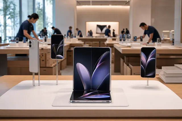 Illustration of an Apple Store display prepared for the iPhone Duo, Apple’s foldable phone