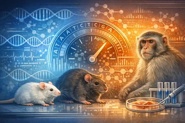 Visualization of a glowing double helix intertwined with a clock mechanism, representing gene-expression clocks that measure biological aging across mammals.