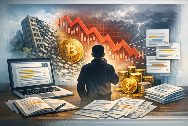 Cryptocurrency market decline concept with Bitcoin price charts and downward arrows against a dark background