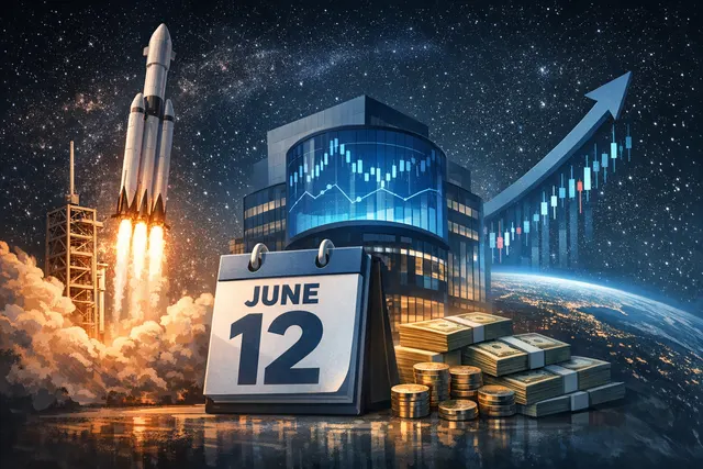 Artistic depiction of a SpaceX rocket launch over a glowing financial chart representing the company's record-breaking IPO valuation and Nasdaq debut.