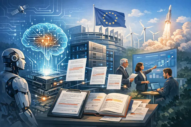 A conceptual illustration of the European Union's AI compute infrastructure targets, showing data centers and network nodes across a map of Europe.