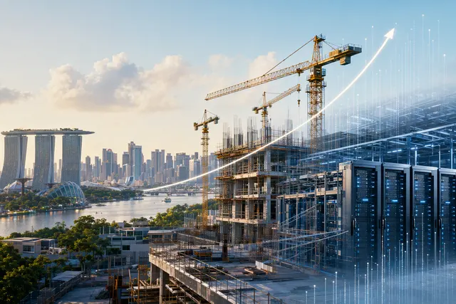 Illustration of a data centre construction site, representing AI infrastructure demand and pressure on building capacity.