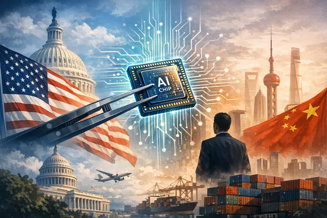 A digital illustration symbolizing U.S. export controls on advanced AI chips, with a map and network lines highlighting the shift from geography-based to parent-company-based enfor