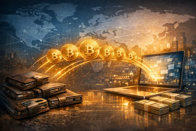 Illustration of dormant Bitcoin wallets reactivating and moving funds across the blockchain