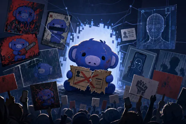 Editorial illustration for an article about Discord’s age-assurance backlash and Wumpus protest art