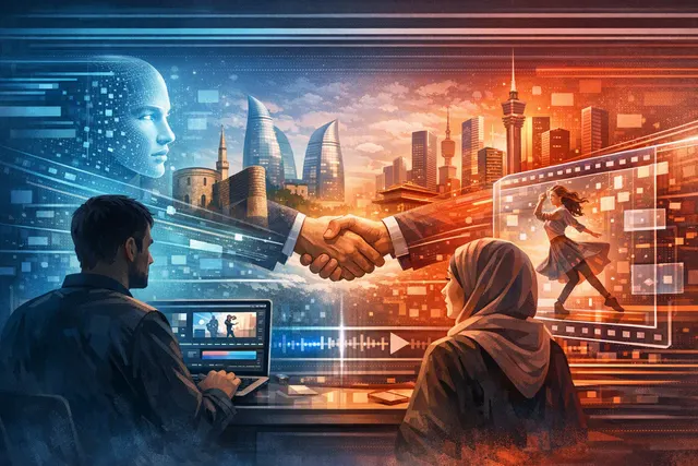Abstract editorial illustration of an AI content platform connecting text, images, audio, and video generation